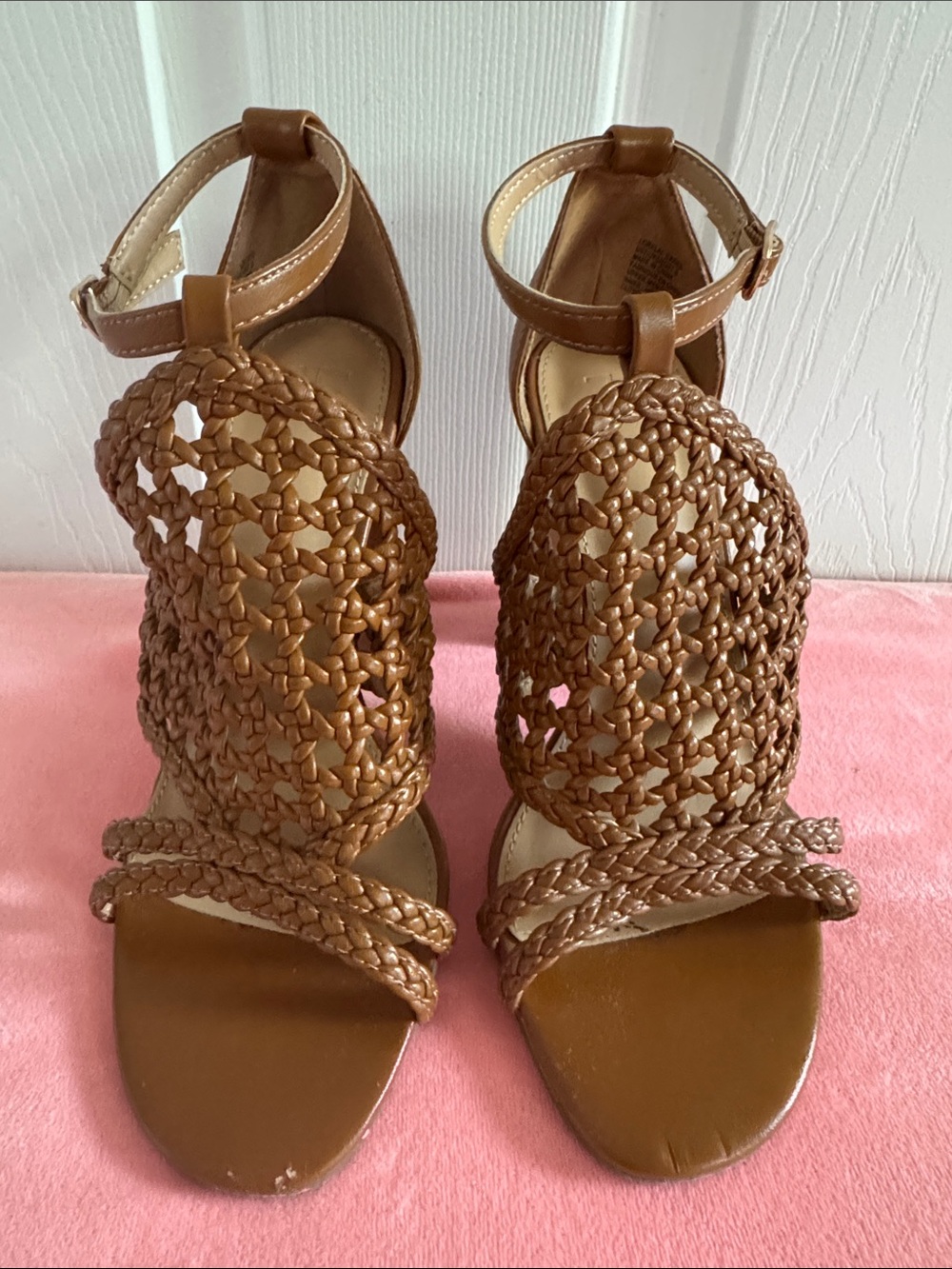 JustFab Braided Ankle-Strap Heeled Sandals in Brown